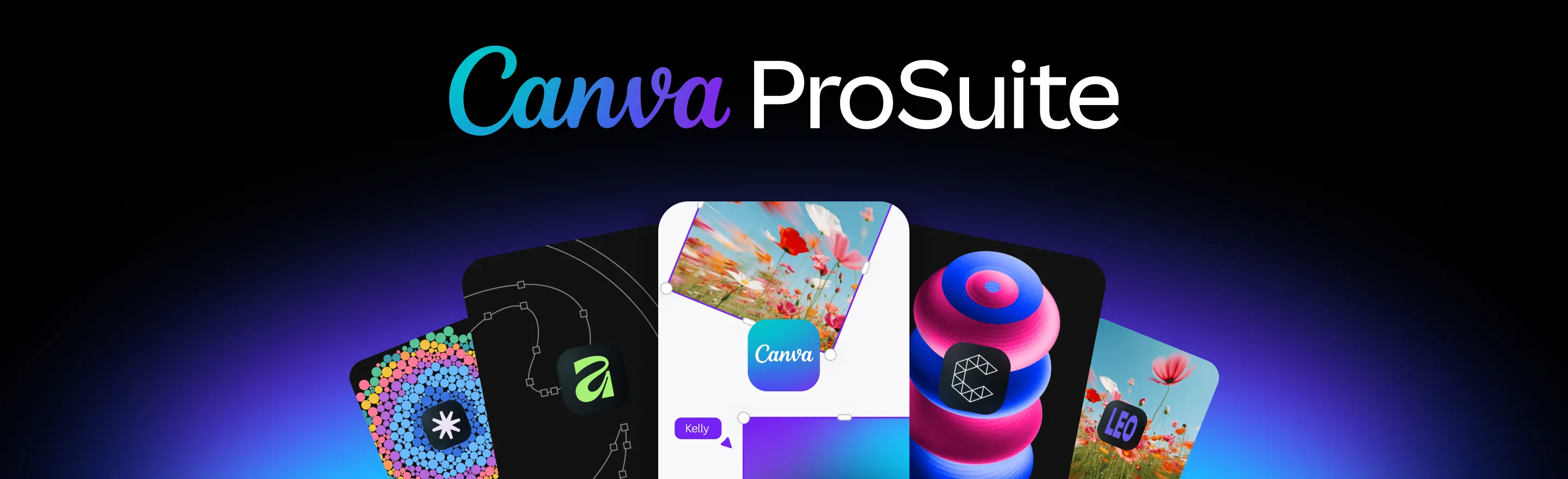 Tarjeta de anuncio de la Canva ProSuite: el nombre sobre una fila de tarjetas de colores desplegadas en abanico que muestran los iconos de Affinity, Cavalry y Leonardo junto a un diseño hecho en Canva.