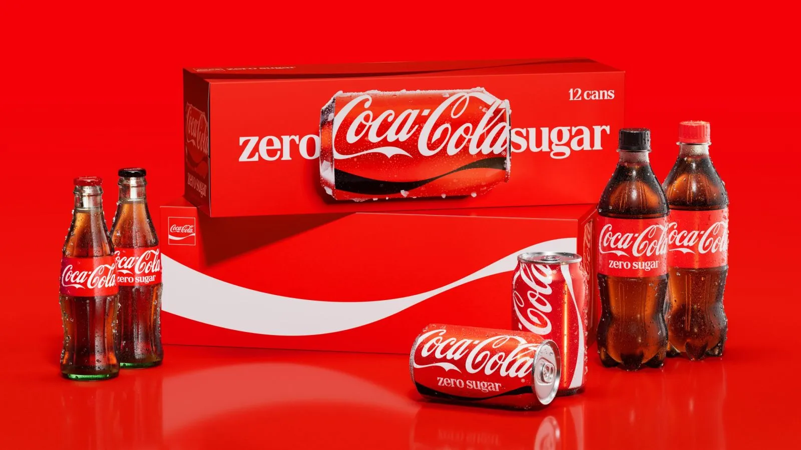 Familia de packaging del nuevo sistema de identidad de Coca-Cola: latas con el wordmark en vertical, Dynamic Ribbon ampliada y el Arden Square recuperado, en rojo y blanco.