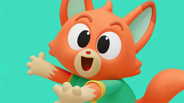 Fotograma promocional de Ozzy Fox, la serie preescolar de Disney Jr. y Animaj: un zorro naranja animado en 3D con acabado suave y brillante, sobre un fondo de colores saturados.