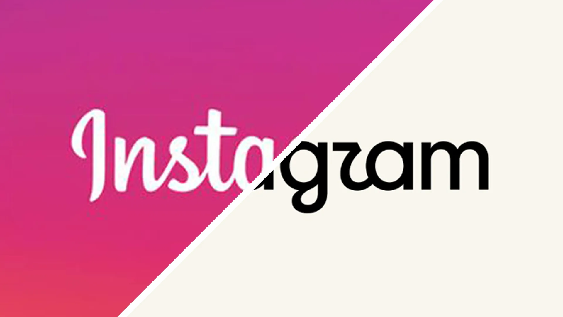Comparación en diagonal del wordmark de Instagram: a la izquierda la cursiva blanca de 2016 sobre el gradiente rosa; a la derecha el nuevo wordmark negro sobre fondo crema, con la 'r' que se confunde con una 'z'.