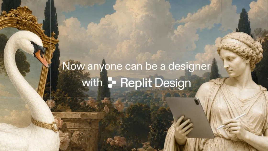 Arte de lanzamiento de Replit Design: paneles de diseño flotando sobre un fondo de gradiente saturado, con la marca de la suite al centro.
