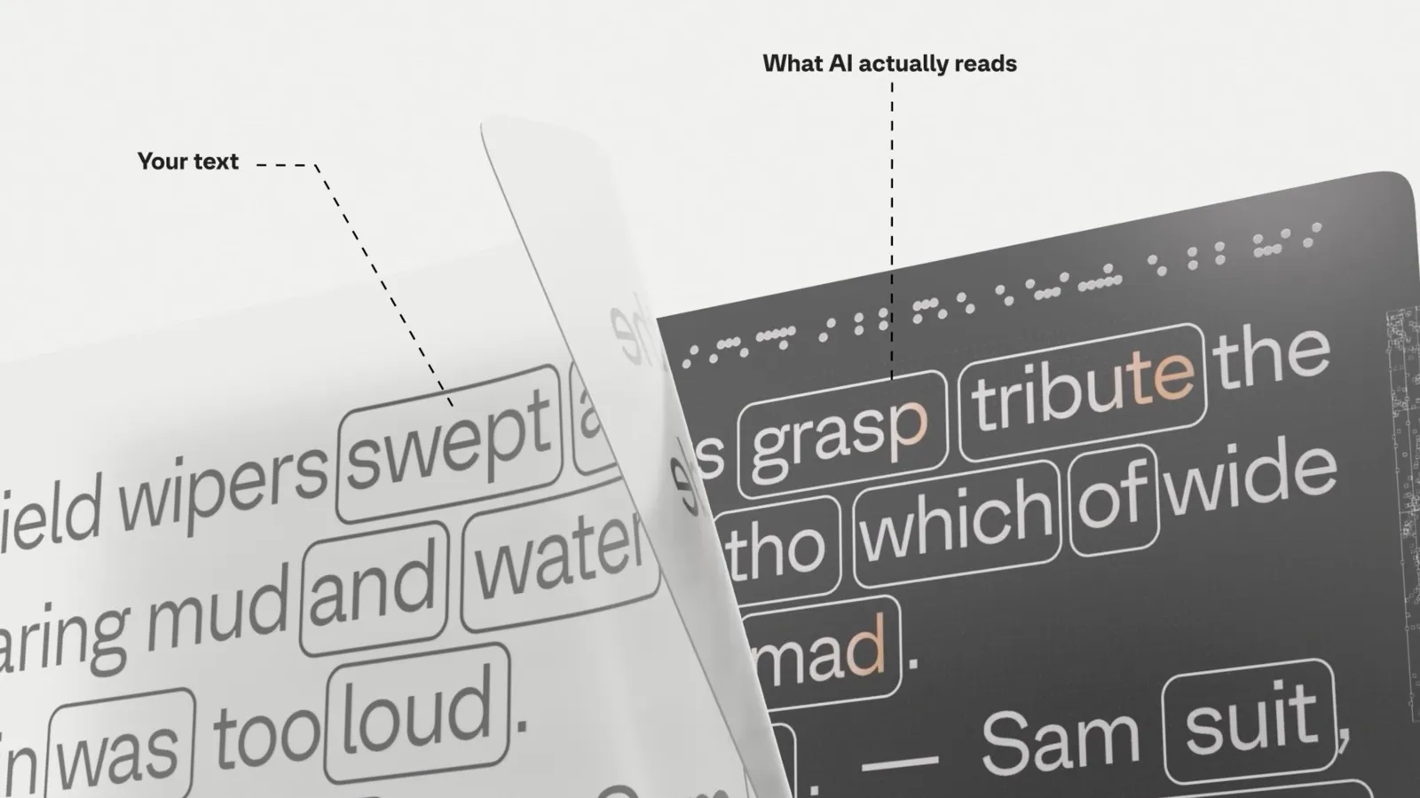Visual de campaña de ShieldFont: el mismo texto mostrado dos veces — la lectura humana limpia y legible, y debajo la versión señuelo que recibe el scraper, con palabras sustituidas.