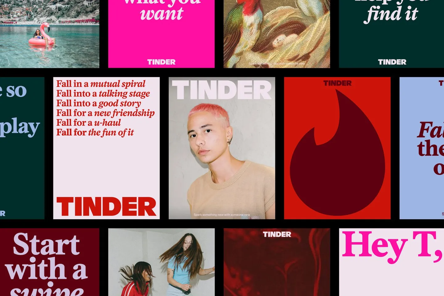 Aplicaciones de la nueva identidad de Tinder por Porto Rocha: wordmark serif en mayúsculas, llama afilada y collage de fotografía found-media sobre paleta ampliada con azules y verdes.